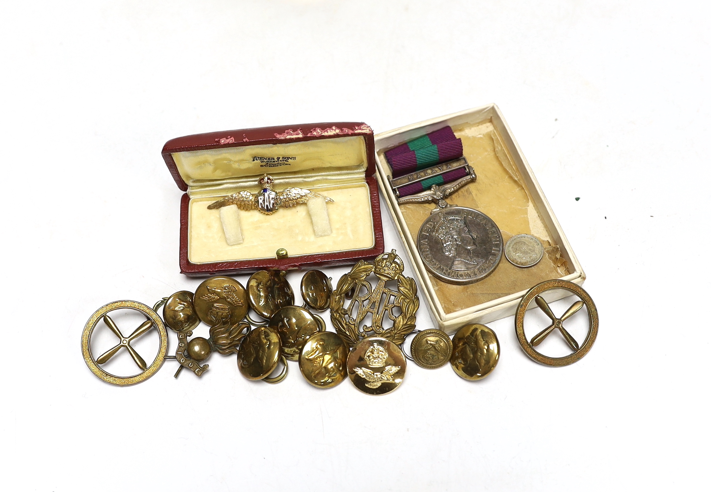 A 9ct. enamelled RAF Sweetheart brooch, an Elizabeth II General Service medal with Malaya bar to Cpl. A.J.L. Fuller R.A.F., a number of buttons and related sundries